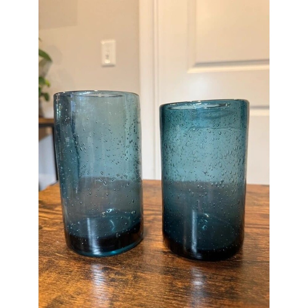 Pair Hand Blown Blue Teal Bubble Glass Vases Tumblers Seeded Art Glass